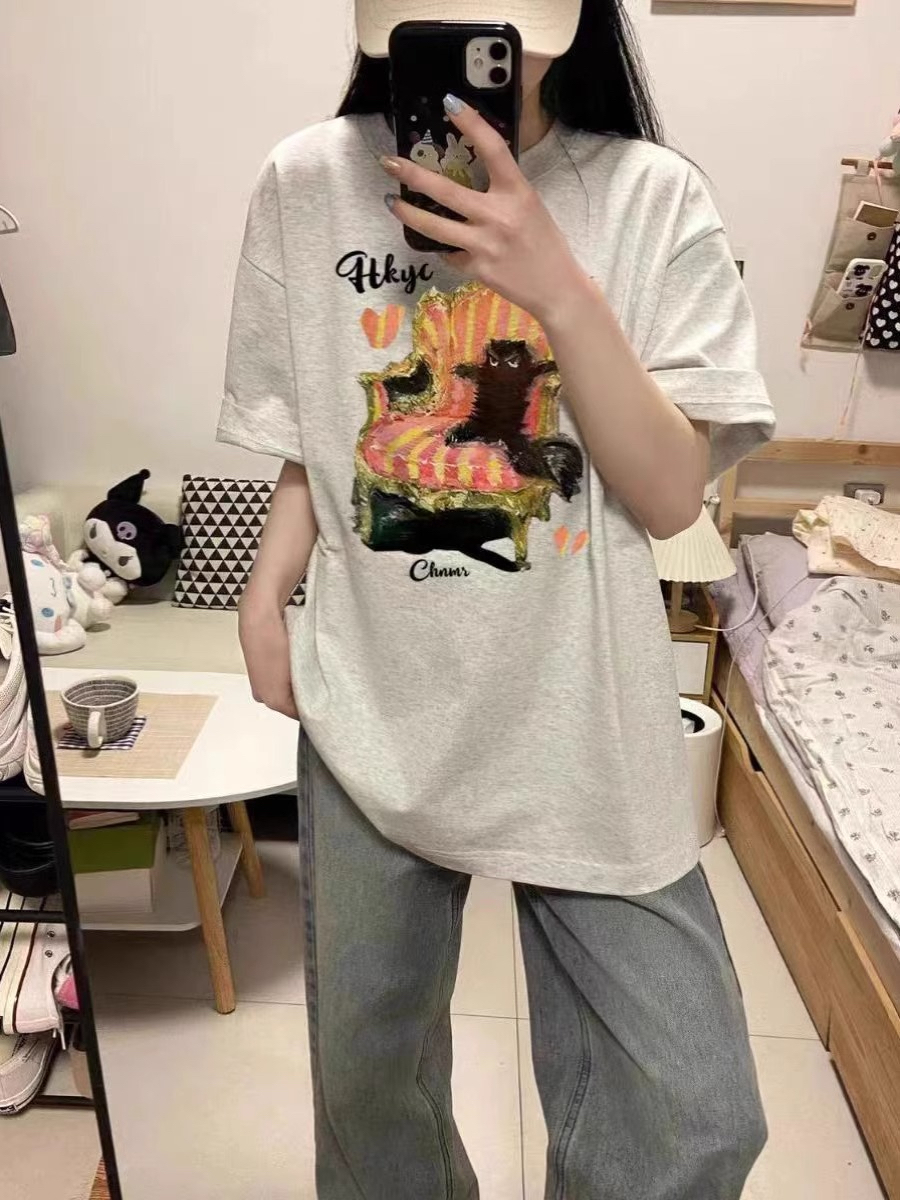 韓版趣味小貓咪印花短袖T恤潮