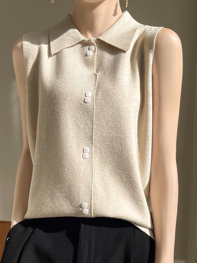 Exquisite intellectual shirt collar wool vest women's bottoming summer sleeveless sweater top loose belly-covering Polo collar