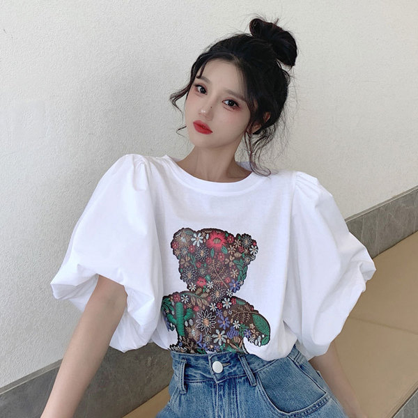 學生小個子短袖T恤女裝夏季2024新款寬鬆印花泡泡袖上衣服ins潮