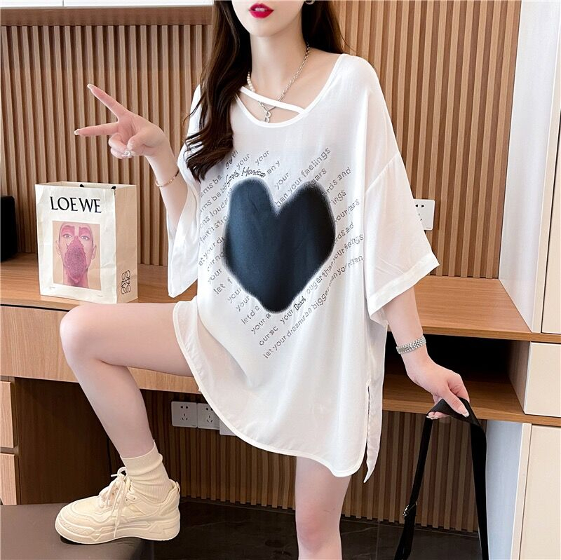 質量/環定紡純棉/中長款下擺開叉重工寬鬆短袖T恤女
