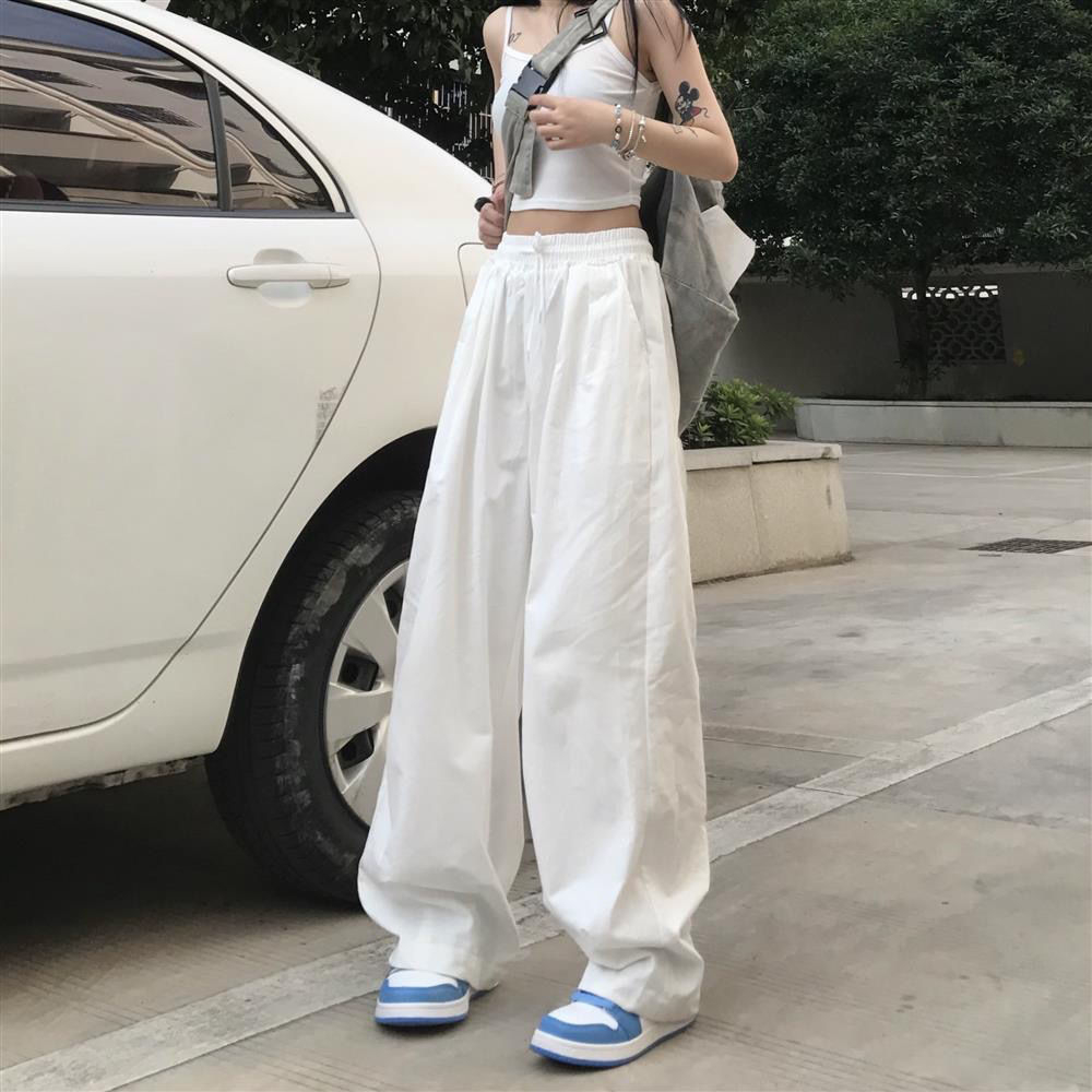 大碼女裝白色闊腿褲子夏季新款vibe風高腰垂感寬鬆顯瘦休閒直筒褲