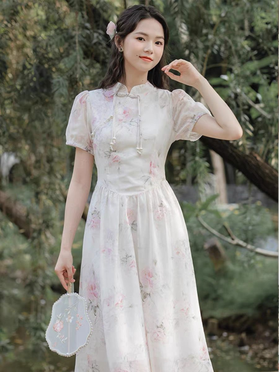 新中式國風改良版旗袍連衣裙女夏2024新款氣質高級感碎花漢服長裙