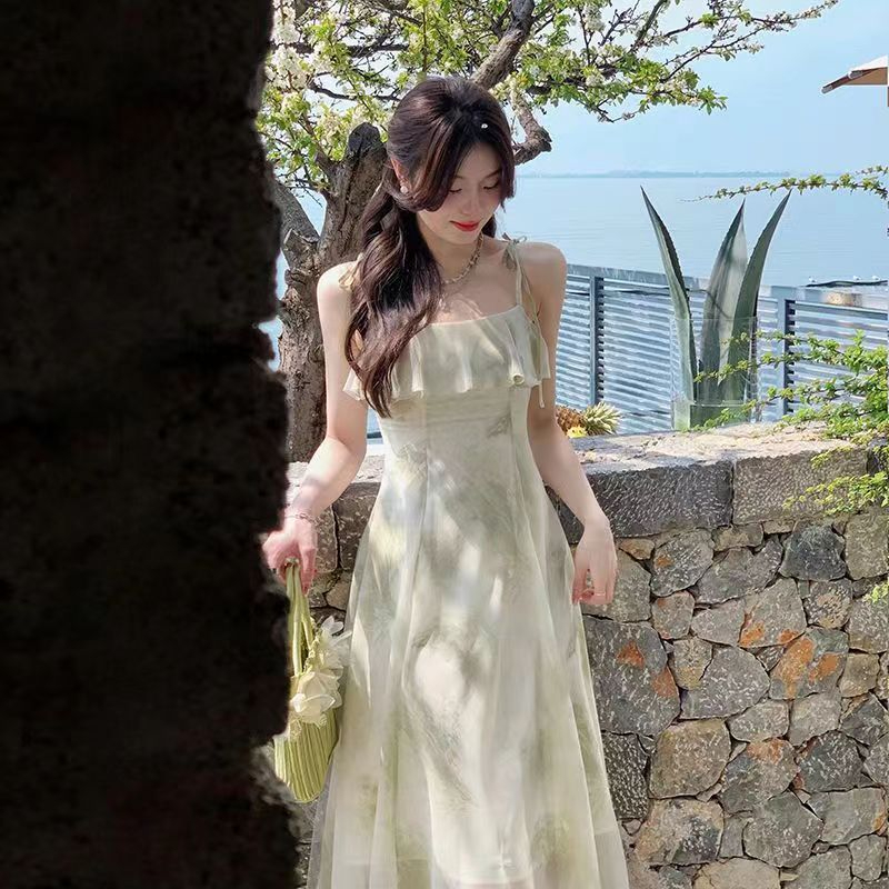 2024韓版夏季新款吊帶長裙仙女荷葉邊印花無袖氣質連衣裙