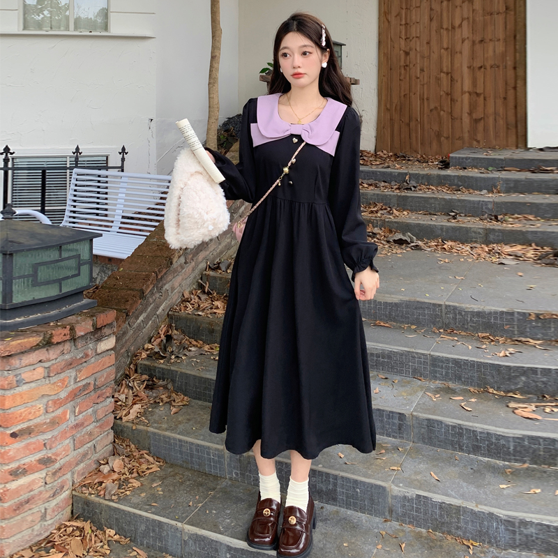 春秋新款復古撞色娃娃領收腰顯瘦連衣裙女御姐輕熟小黑裙
