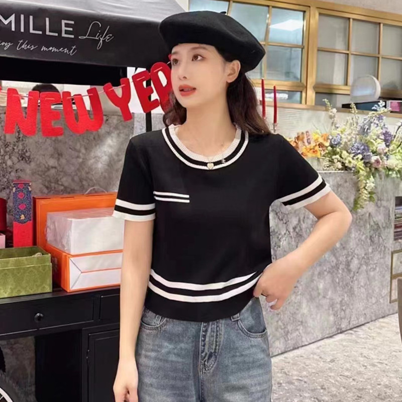 2024夏季新款設計感法式氣質圓領拼色百搭短袖上衣女