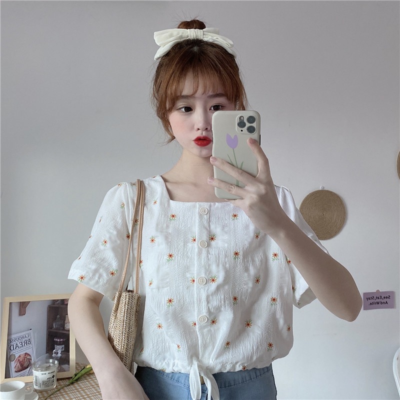Summer 2024 new style super fairy lady forest square collar floral short slim short-sleeved shirt top for female students