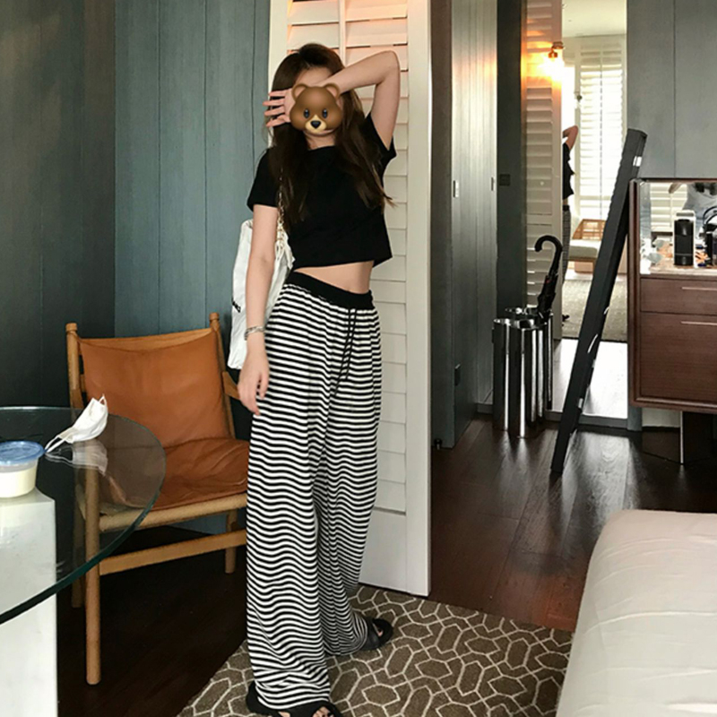 小個子女裝黑白條紋休閒褲2024春季百搭潮流高腰直筒垂感針織褲子