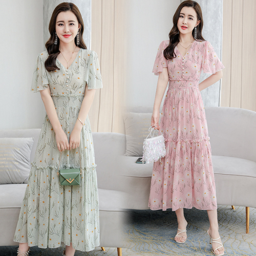 Fashion new chiffon dress female British style goddess style high waist British style foreign style summer slimming long swing