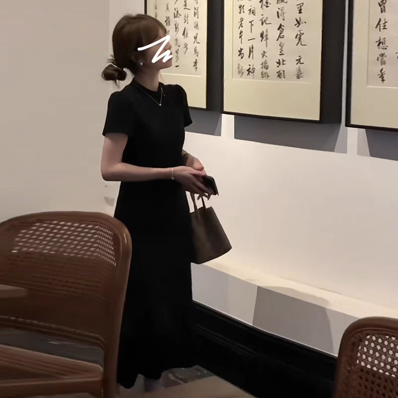 喲米YOMI海德日記早春新中式黑色連衣裙女小個子圓領氣質長裙
