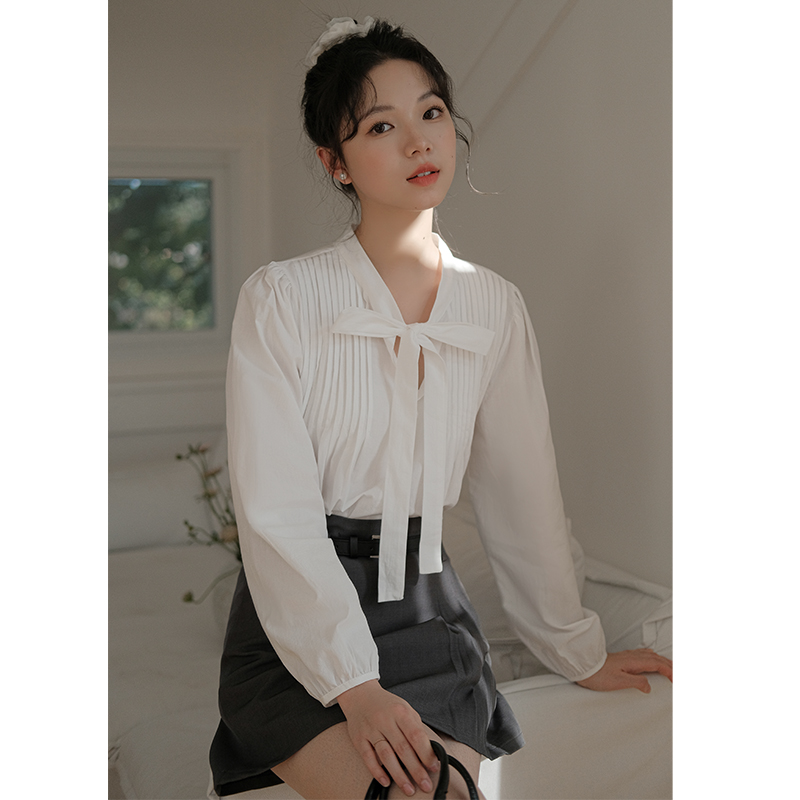實拍春季新款設計感襯衣女上衣女2024小眾氣質系帶長袖襯衫