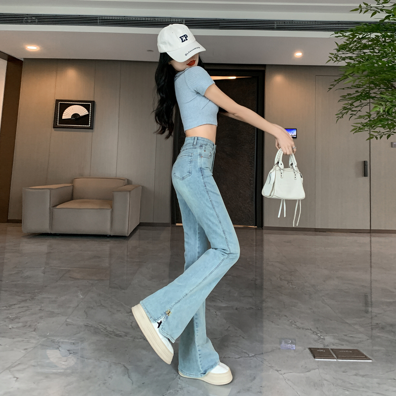 實拍軟糯修身設計款開叉微喇牛仔褲女春裝新款款顯瘦百搭馬蹄褲
