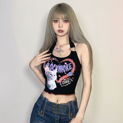 甜辣風貓咪印花掛脖吊帶背心女夏裝明線拼接短款露臍修身性感上衣