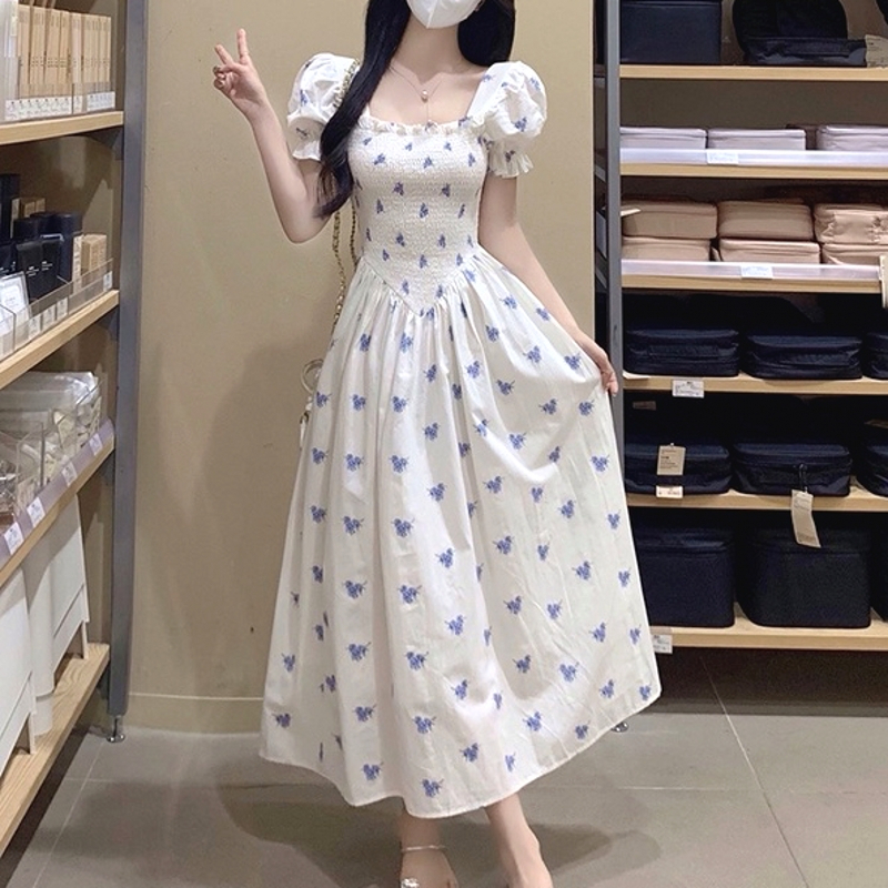 Large size tea break French square neck floral design long skirt for women with summer fat mm age reduction slimming gentle style dress