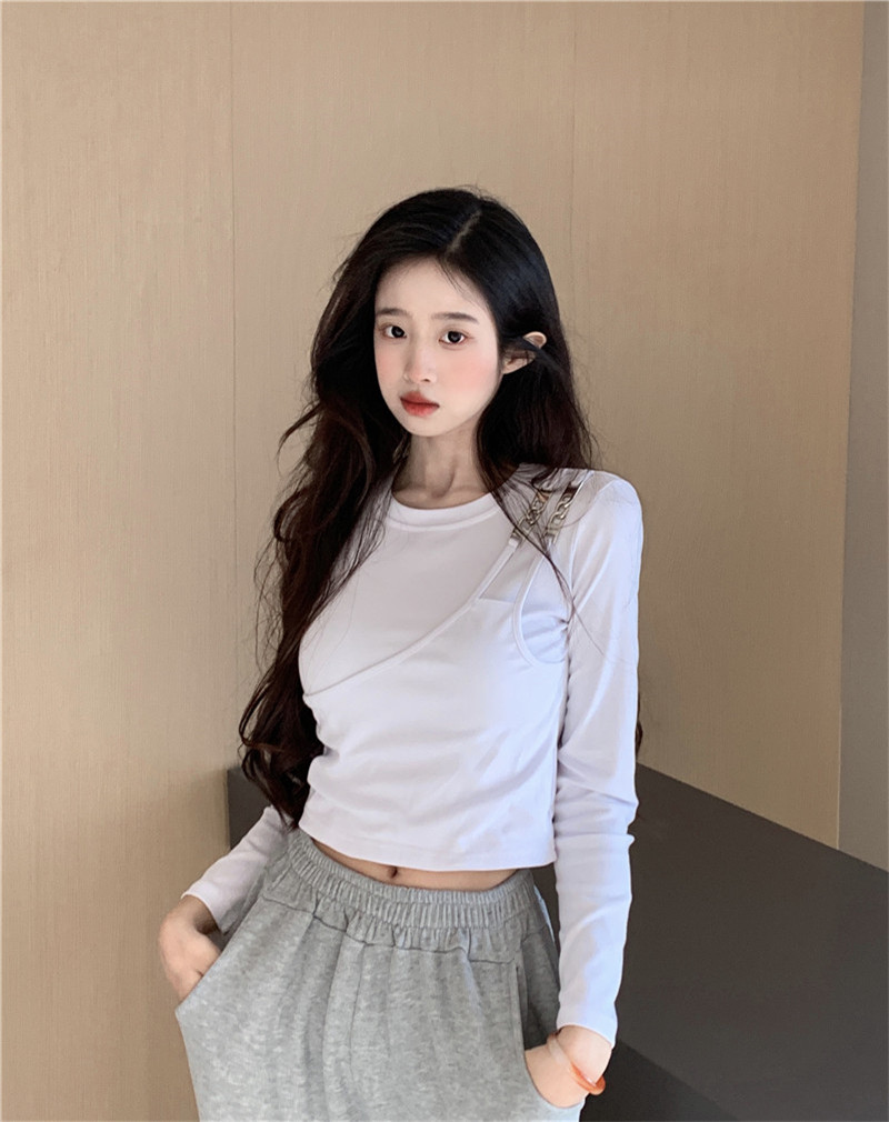 實拍~純欲辣妹白色長袖設計感小眾修身假兩件內搭打底衫上衣