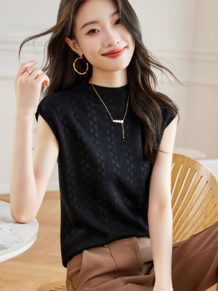 法式半高領提花無袖針織背心女春夏新款超好看大碼內搭打底衫上衣