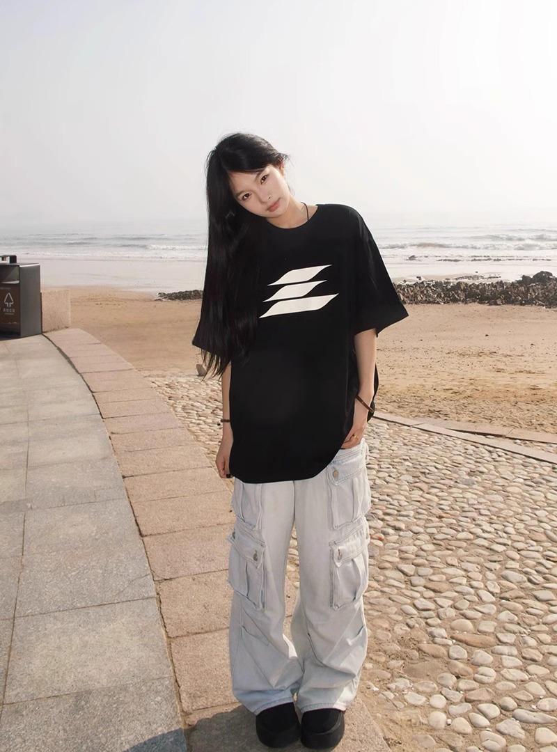 復古hiphop潮牌黑色短袖t恤女夏季寬鬆oversize高級感百搭上衣潮