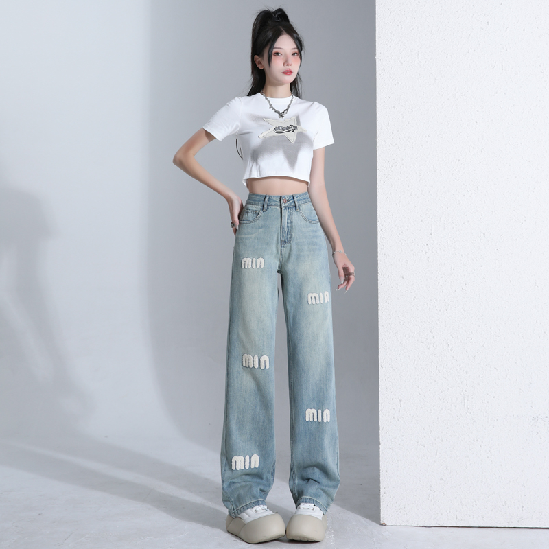 實拍2024春夏翡刺繡字母闊腿牛仔褲女高腰水洗直筒拖地褲