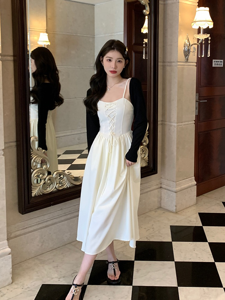法式吊帶裙子外搭開衫兩件套女2024年夏季收腰顯瘦連衣裙氣質套裝