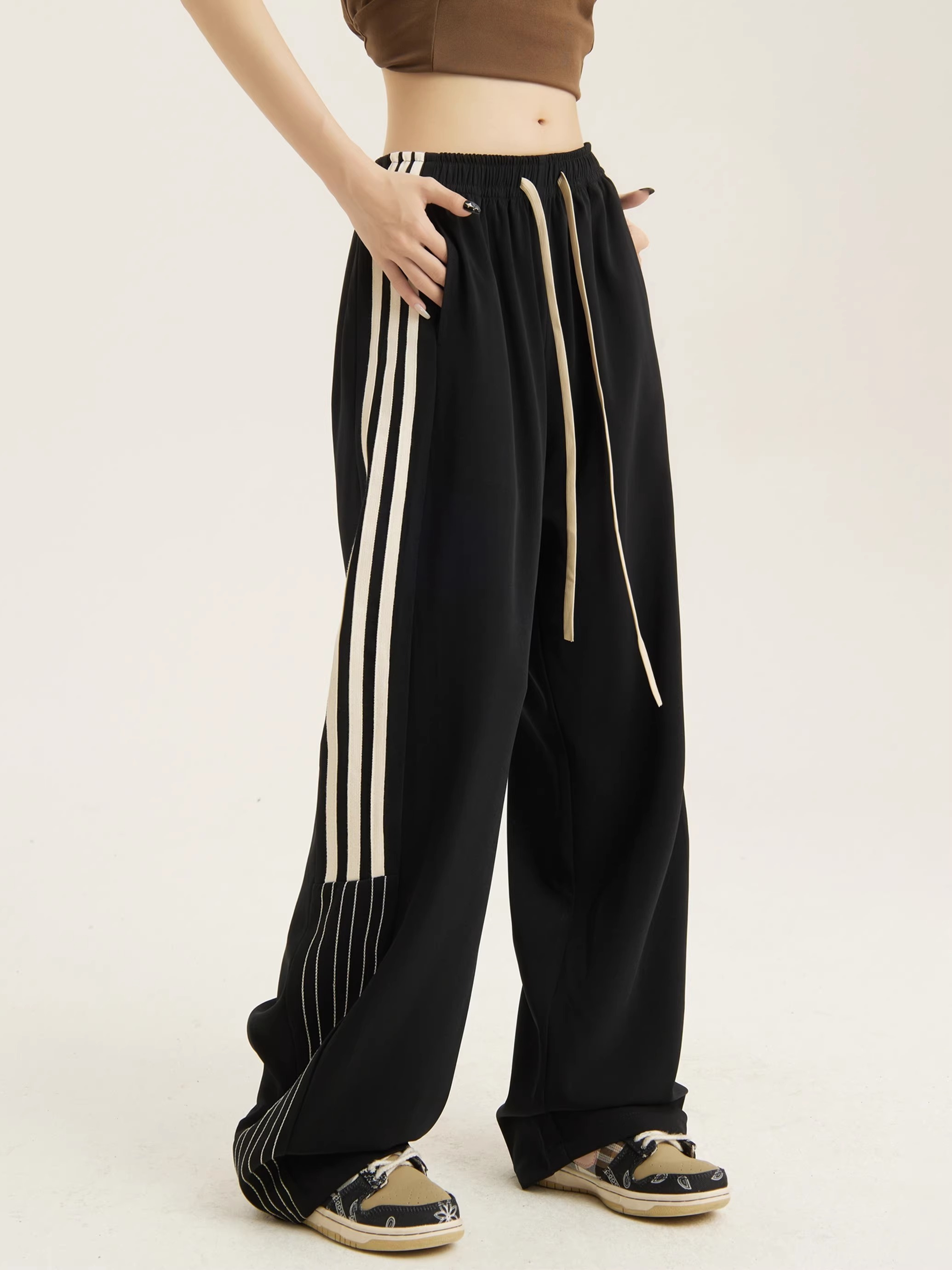 American retro sports wide-leg pants for women in spring, autumn and winter, plus velvet, new style, loose, slim, versatile, casual straight pants