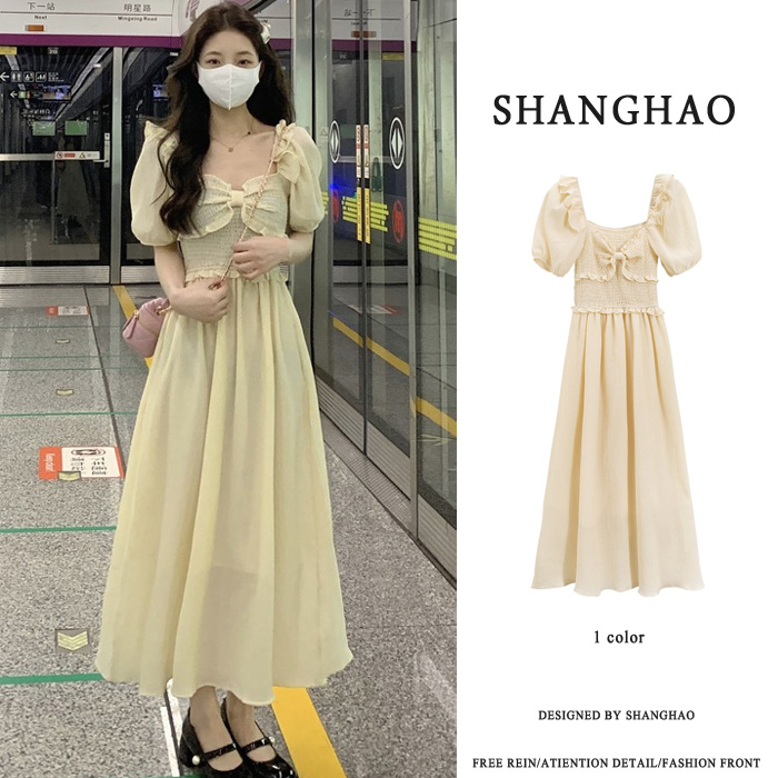 2024 Summer New First Love Long Dress Women's French Sweet Bow Tie Slimming Covering Body Age Reducing Dress