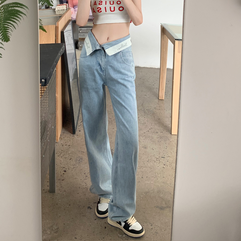 翻邊腰字母設計感直筒牛仔褲女春季新款高腰顯瘦闊腿褲
