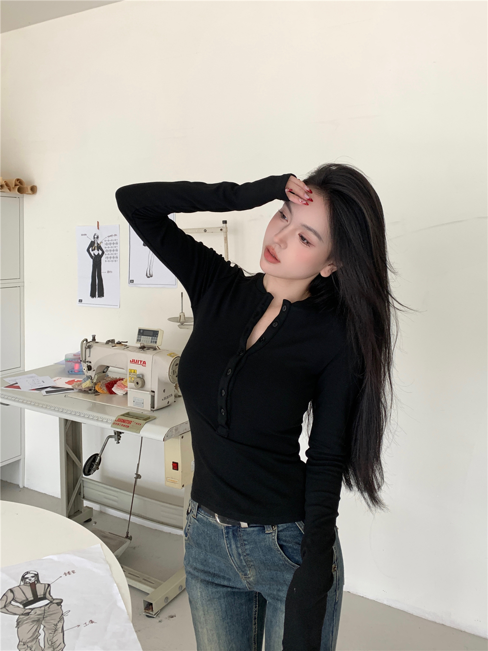 黑色長袖打底衫女春季新款設計感小眾辣妹修身顯瘦內搭T恤上衣