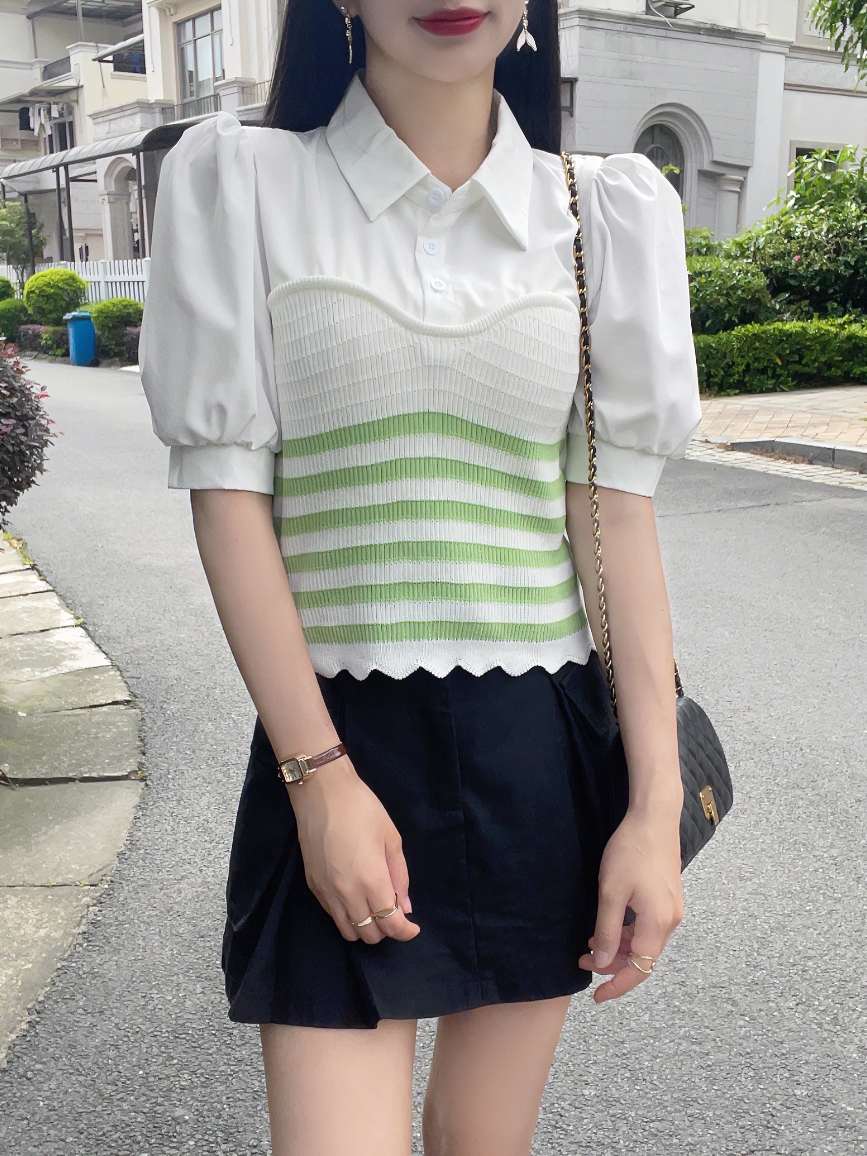 不規則polo領拼接上衣女2024夏新款韓版洋氣條紋顯瘦假倆件針織衫