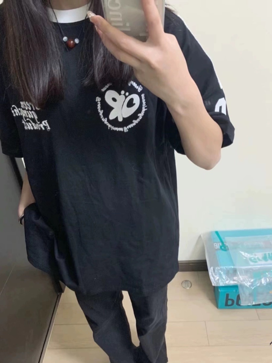 美式復古設計感字母蝴蝶結2024春季新款條紋寬鬆短袖三條槓T恤
