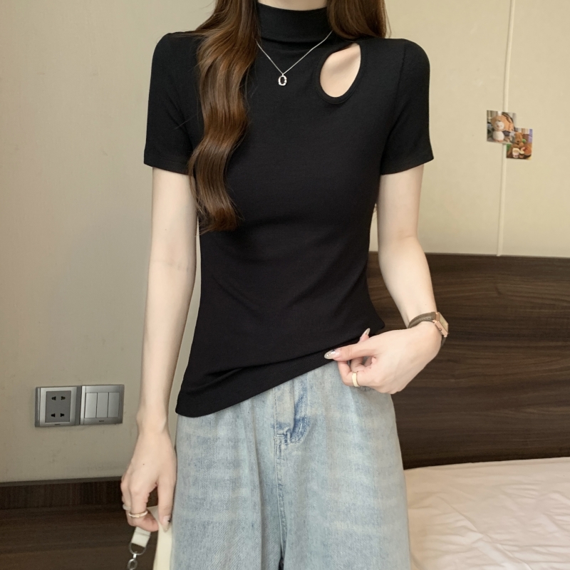實拍 - 40支純棉 2024夏裝 半高領鏤空打底衫女短袖T恤