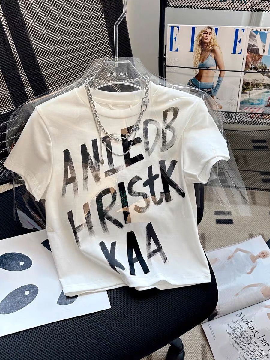 美式字母印花短袖T恤女2024春新款韓版修身露臍短款辣妹上衣短袖
