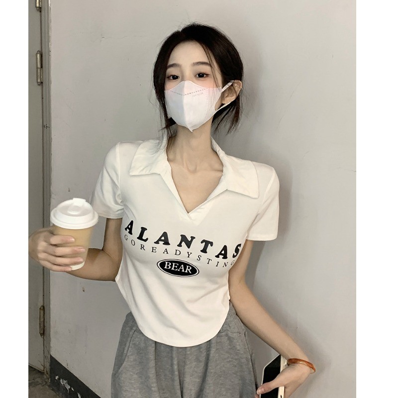 官圖 6535拉架棉 黑色v領不規則正肩短袖t恤女夏季辣妹純欲