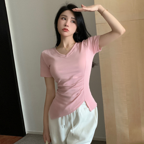 Actual shot of 2024 new summer style simple and versatile V-neck waist slit design pure cotton short-sleeved T-shirt careful machine tops for women