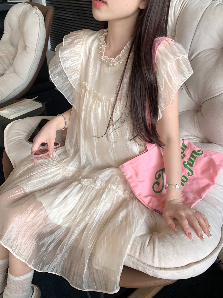 法式甜美可愛減齡小飛袖連衣裙女夏季高級感氣質仙女裙寬鬆短裙子