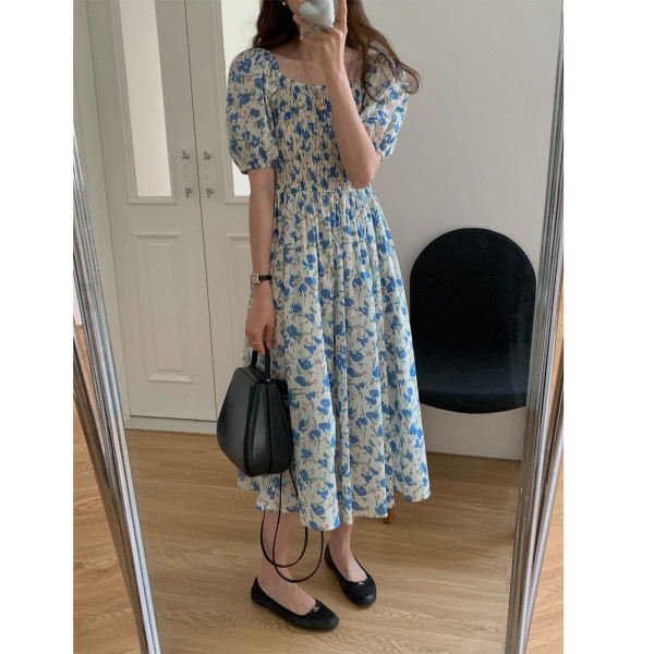 少女碎花連衣裙女2024夏季新款收腰褶皺泡泡短袖長裙家居服女士
