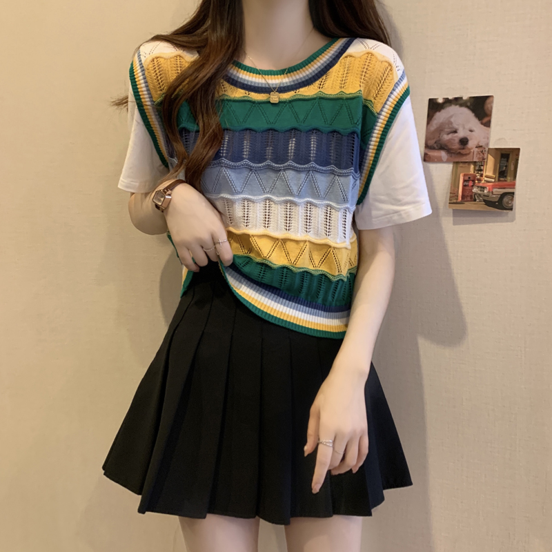 假兩件彩色條紋正肩短袖t恤女夏修身顯瘦鏤空針織衫高腰短款上衣