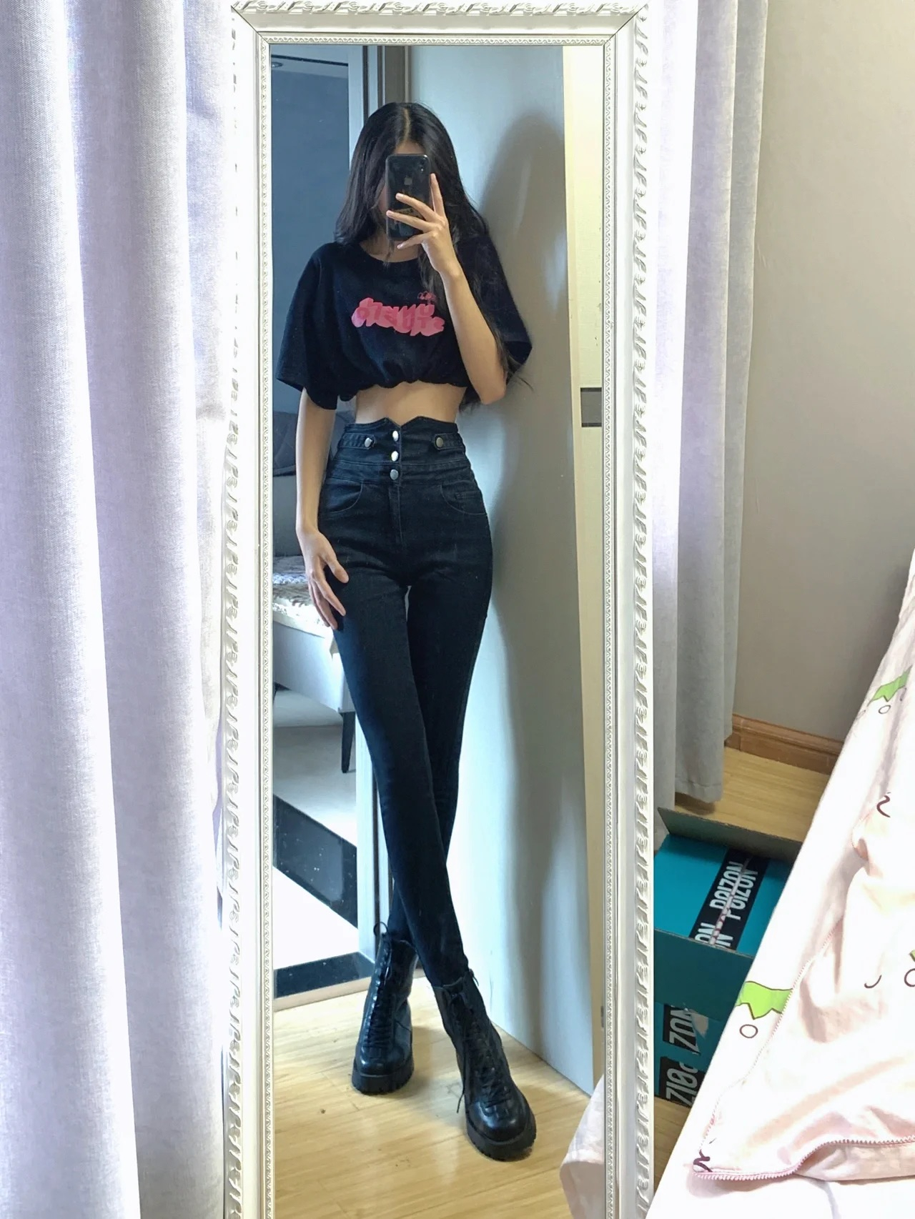 歐美超高腰束腹收腰顯瘦辣妹蜜桃臀多扣緊身牛仔褲