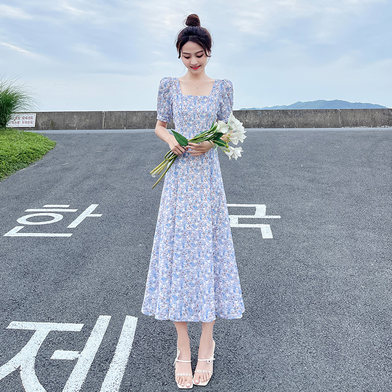 Korean puff sleeve floral square collar slim and fashionable fresh chiffon short-sleeved mid-length dress summer new style