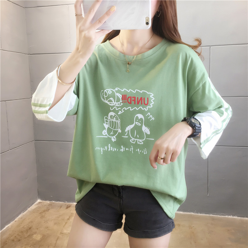 首發實拍6535棉 2024新款夏季短袖T恤女學生撞色拼接閨蜜裝