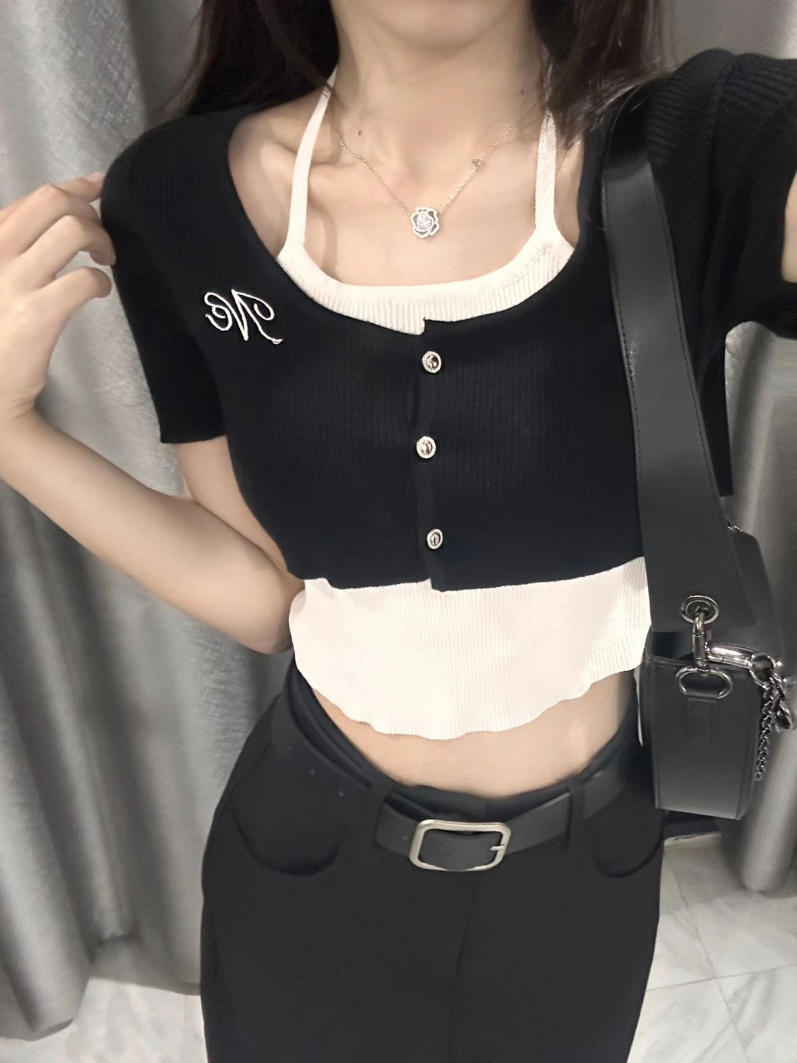 純棉拉架甜辣妹假兩件短袖T恤女INS純欲開衫顯瘦刺繡上衣