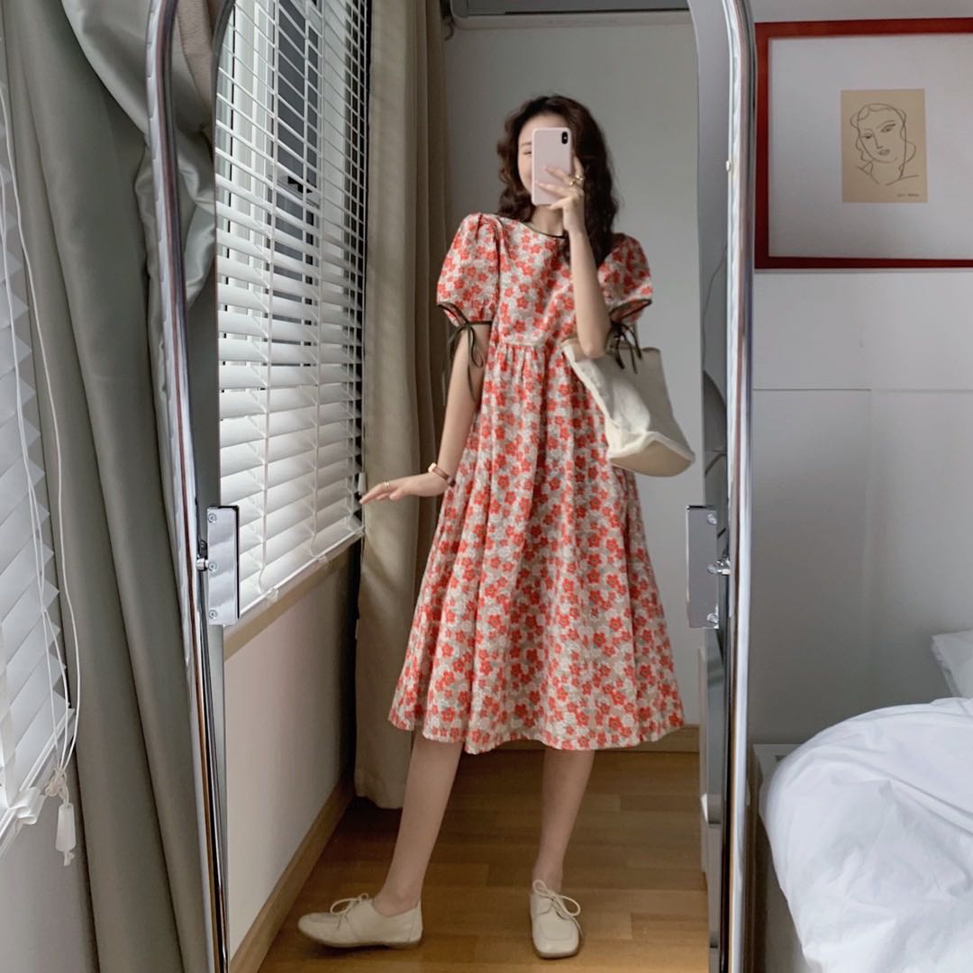 時尚連衣裙女夏短袖襯衫設計感小眾碎花拼色連衣裙