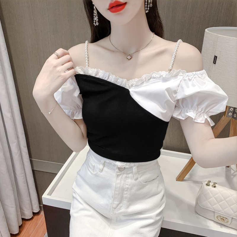 French retro sexy one-line collar off-shoulder puff short-sleeved shirt women's design niche short crop top