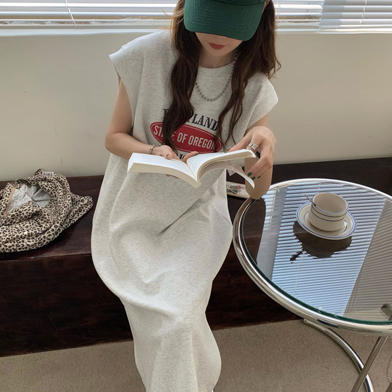 港風字母印花無袖寬鬆背心裙女打底灰色白色夏季內搭外穿睡裙女