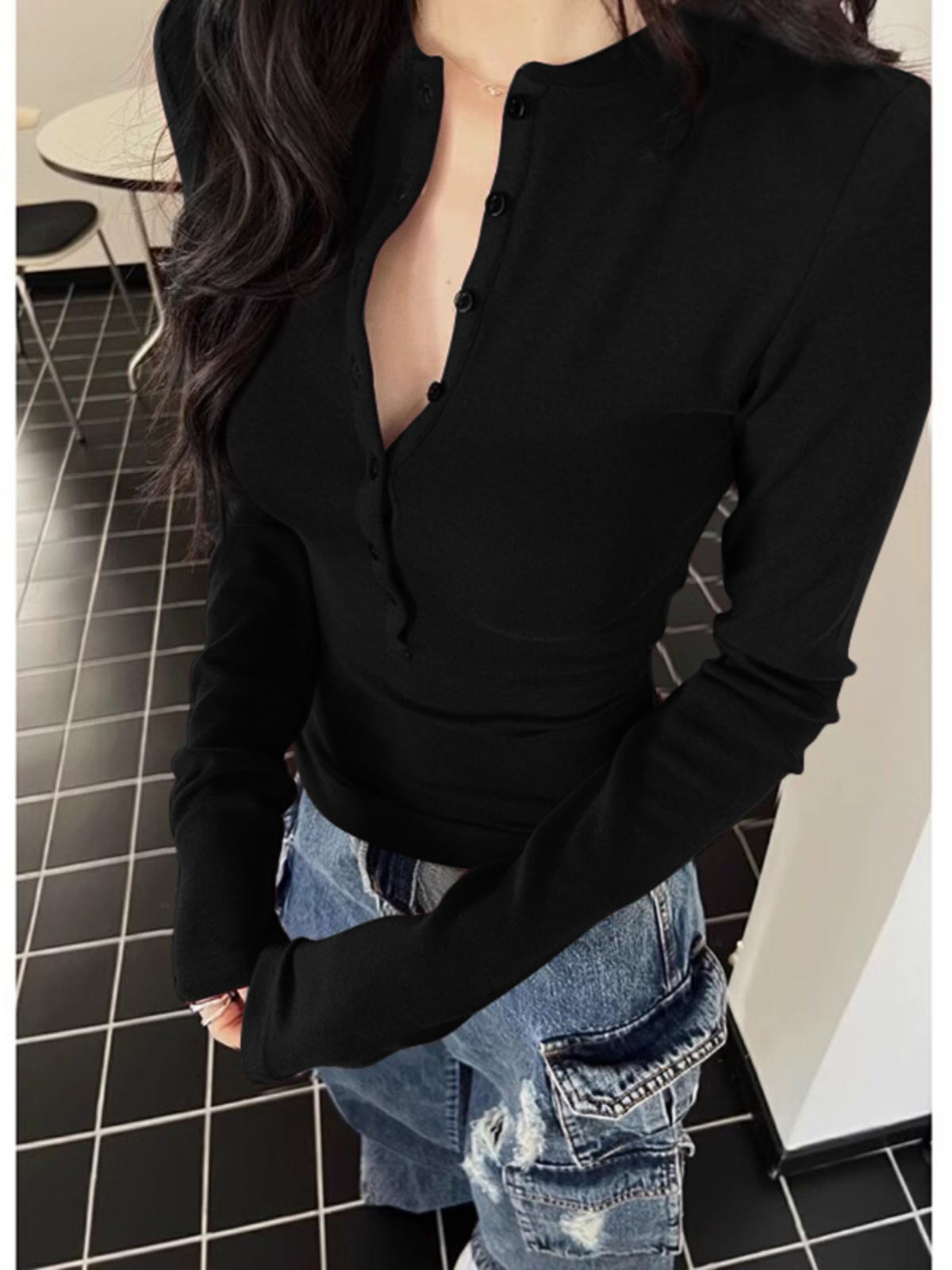 辣妹黑色v領低領長袖內搭打底衫女春秋季修身緊身正肩t恤短款上衣