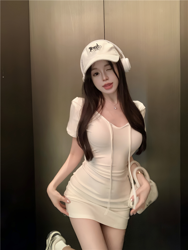 連帽v領短袖連衣裙女夏季白色修身內搭短裙辣妹性感收腰包臀裙子