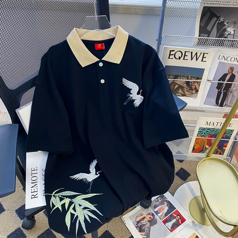 實拍質量220克珠地大碼300斤後包領仙鶴刺繡polo衫短袖t恤