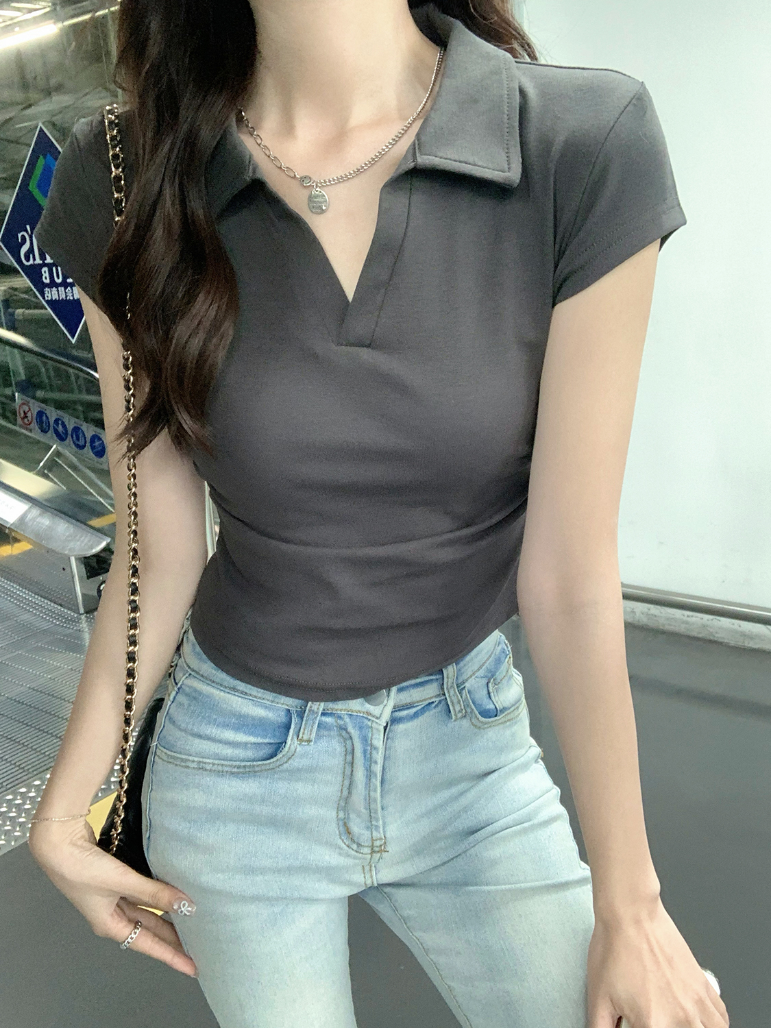 Actual shot of 40 pieces of 210g fine cotton 1×1 lapel slim short-sleeved T-shirt for women summer American hottie smocked top
