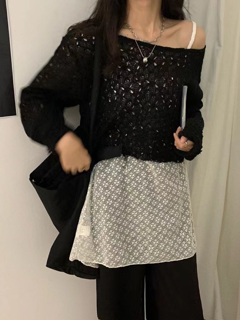 實拍三標齊純色小花蕾絲百搭中長款疊穿吊帶裙女