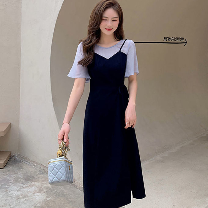 2024夏季新款假兩件吊帶開叉裙子收腰顯瘦女神必備氣質減齡連衣裙