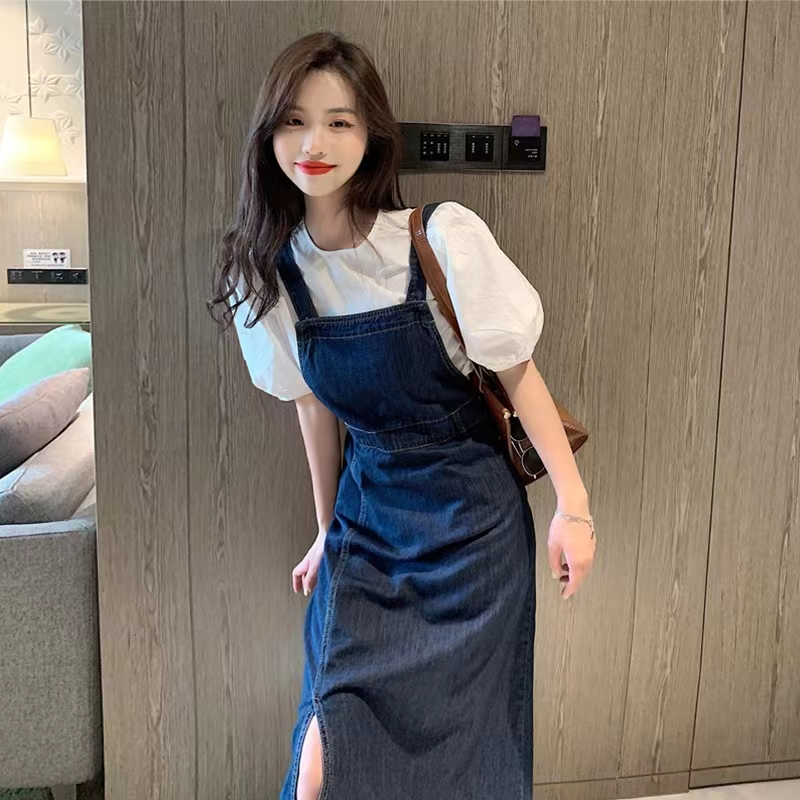 復古簡約牛仔背帶裙女夏天顯瘦長裙韓版學生側開叉氣質減齡連衣裙