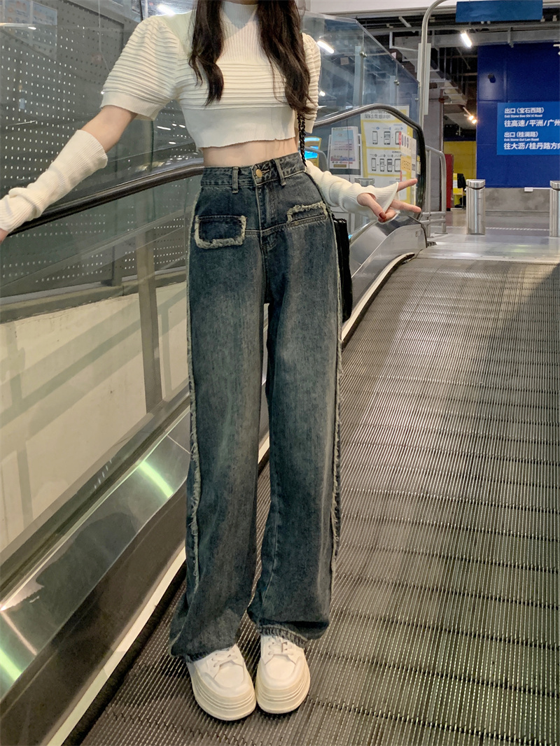 復古毛邊牛仔褲女春秋季2024新款高腰顯瘦寬鬆直筒闊腿拖地褲子